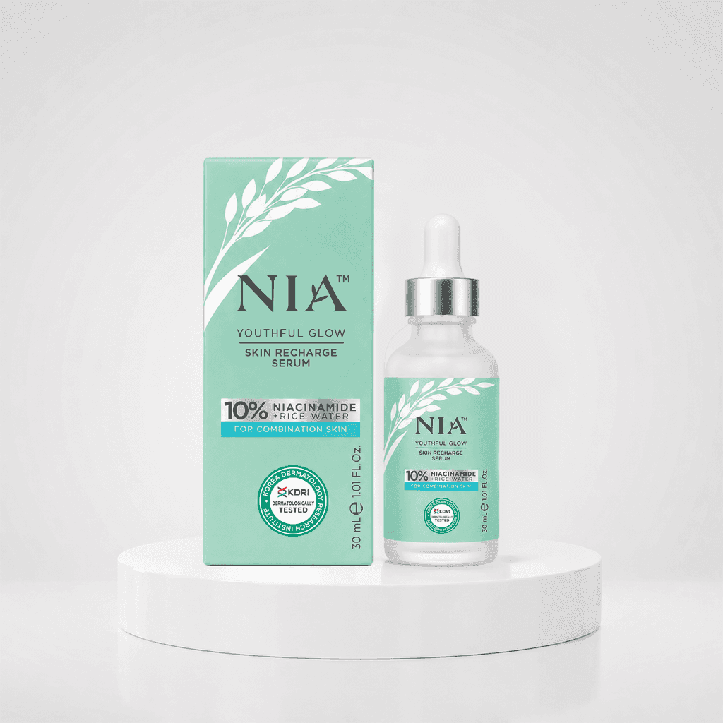 NIA Youthful Glow Skin Recharge Serum packaging and bottle