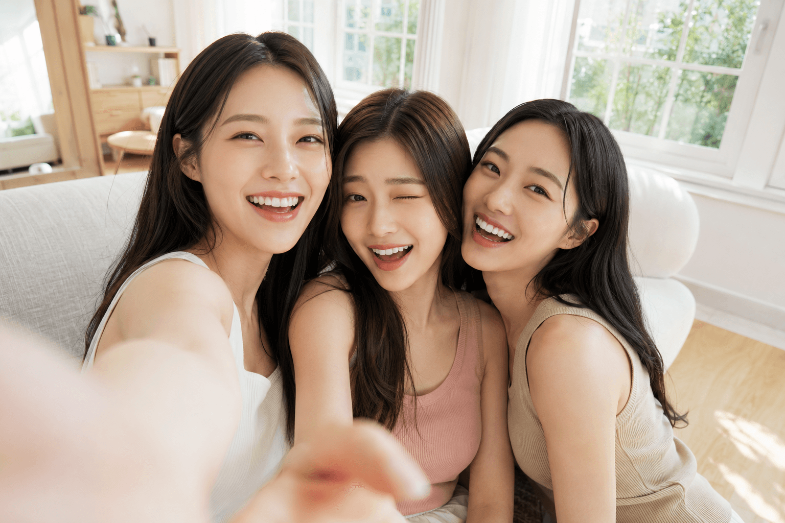 Three radiant Korean women smiling together and celebrating glowing, healthy skin