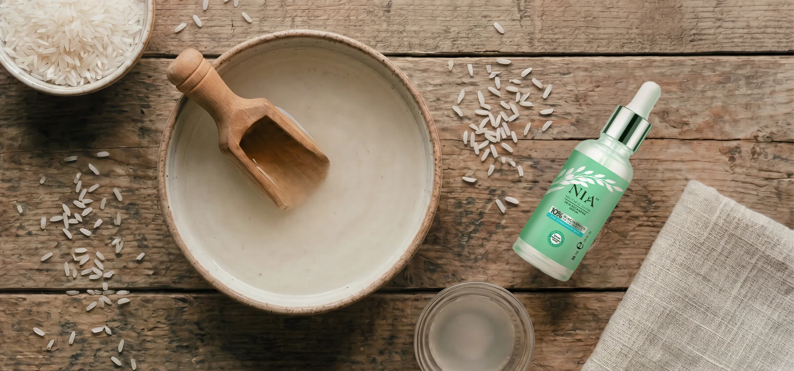 Traditional Korean Rice Water preparation in rustic ceramic bowl with raw grains