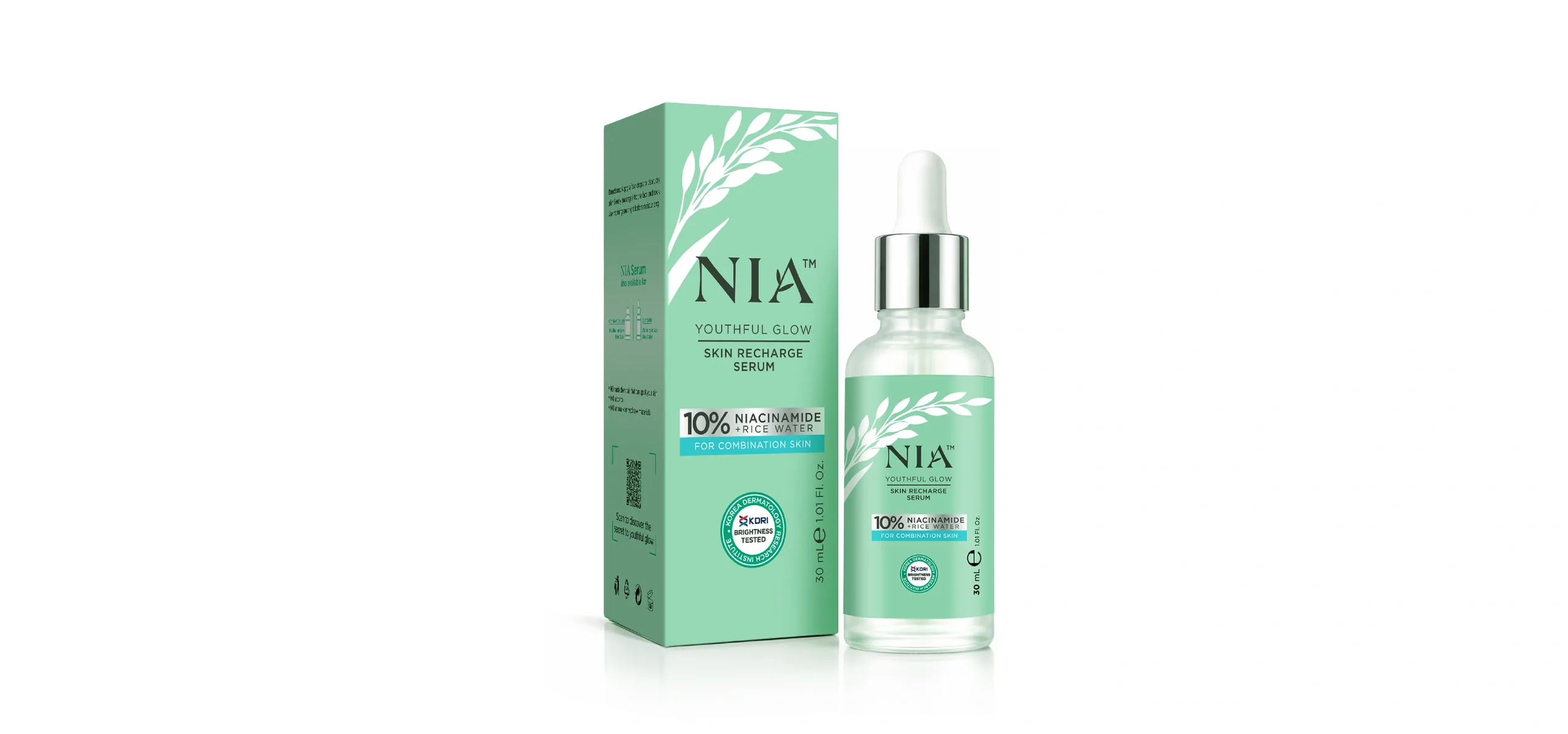 NIA Youthful Glow Skin Recharge Serum packaging and bottle