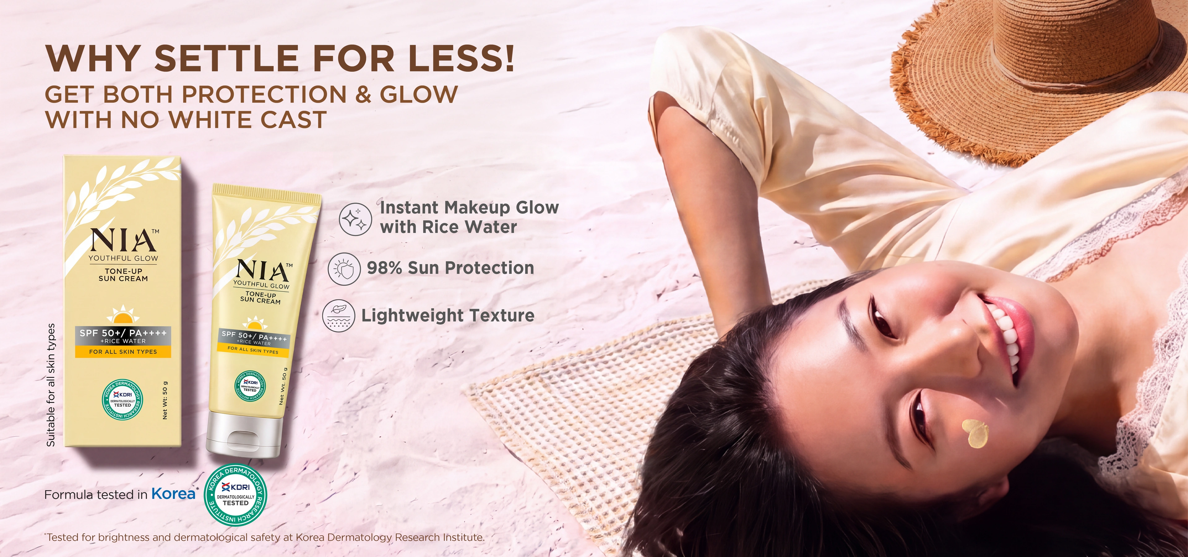 NIA Tone Up Sun Cream SPF 50+ PA++++ with Rice Water Protection & Glow